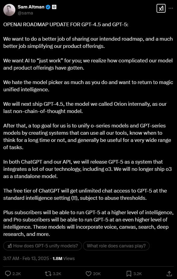 OpenAI凌晨放王炸!GPT- 5 即将发布 免费无限使用